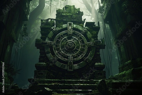 Fototapeta Ancient stone mechanism amid dense jungle in mysterious lost temple surroundings