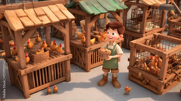Obraz 3D cartoon of a cute boy selling chickens