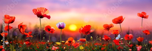 Fototapeta Poppies In Field At Sunset - Defocused Background