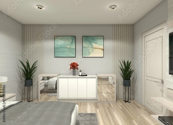 Fototapeta Minimalist and modern 3D storage cabinet or credenza design for bedroom and living room interiors