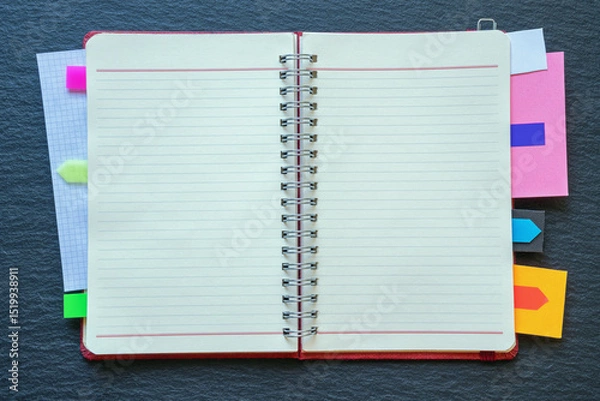 Fototapeta Open spiral bound notebook with colorful bookmarks on black table. Copy space