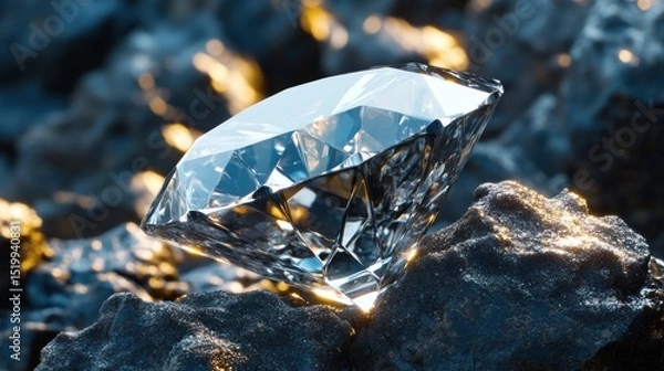 Fototapeta Pristine diamond unearthed, glowing rocks, dark background