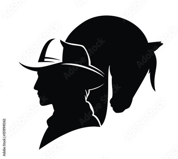 Obraz wild west american cowboy wearing hat and mustang horse head black and white vector silhouette portrait