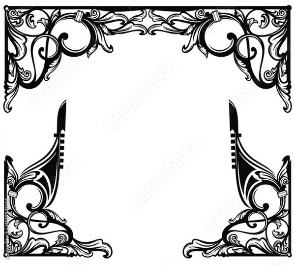 Obraz black and white vector design set of elegant antique style corner frame decorative elements with venetian gondola boat bow