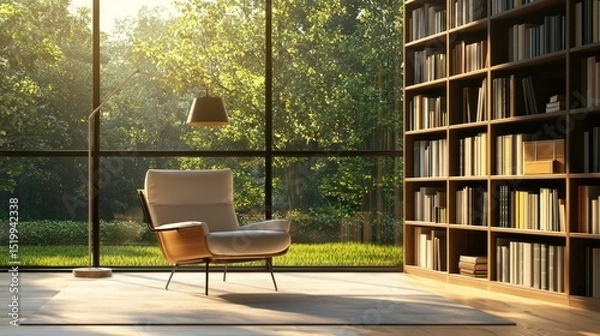 Obraz Serene Reading Nook, Modern Armchair by a Sunlit Window