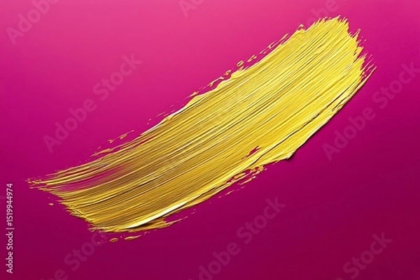 Obraz A refined gold brushstroke on a deep magenta background, with a faint gold blot smear spreading outward, forming a striking abstract composition.
