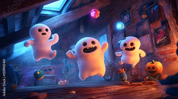 Obraz 3D cartoon of a cute friendly ghost playing