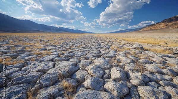 Obraz A dry, cracked desert landscape stretches under a blue sky with scattered clouds and distant mountains.
