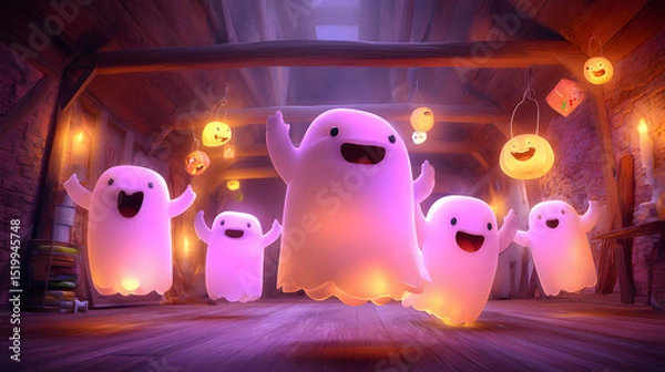 Obraz 3D cartoon of a cute friendly ghost playing