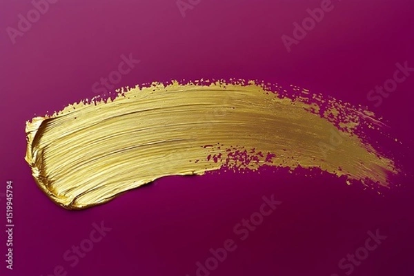 Obraz A refined gold brushstroke on a deep magenta background, with a faint gold blot smear spreading outward, forming a striking abstract composition.