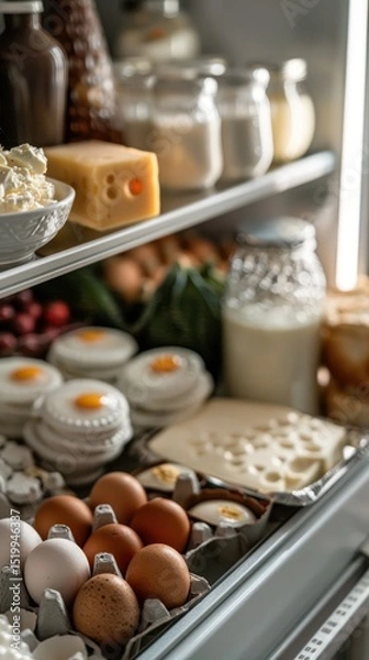 Obraz Full fridge with dairy, eggs, and breakfast foods