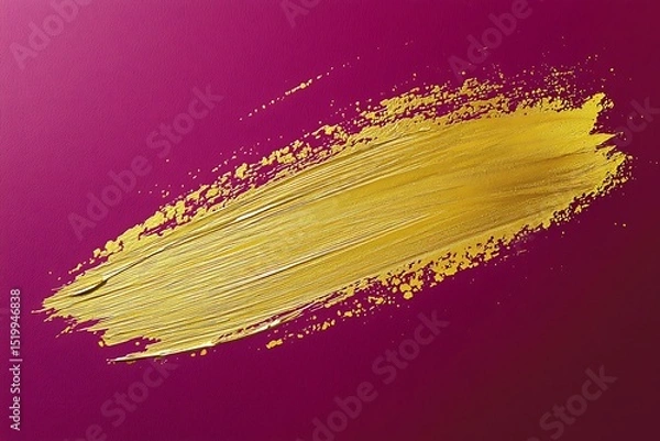 Obraz A refined gold brushstroke on a deep magenta background, with a faint gold blot smear spreading outward, forming a striking abstract composition.