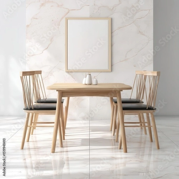 Fototapeta A modern loft interior design is showcased in the dining room space, which includes a picture frame and white wall