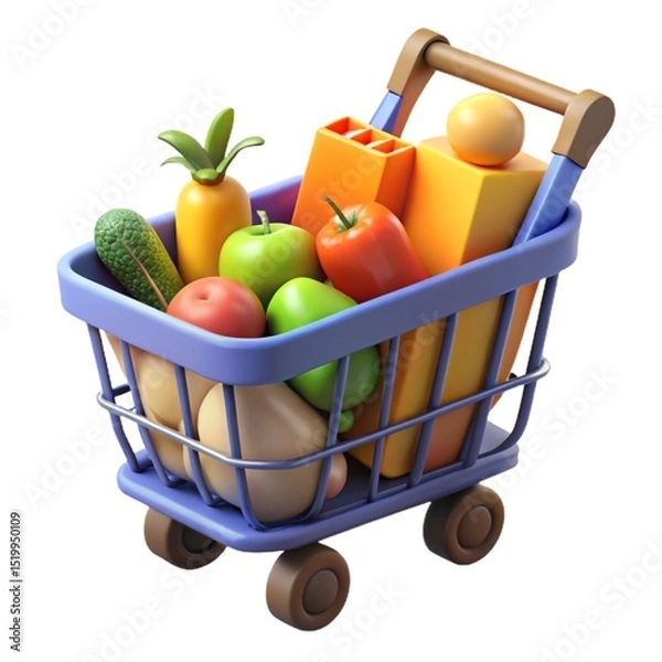 Fototapeta A cartoon shopping cart filled with fresh produce and grocery items on a white background render 3d icon