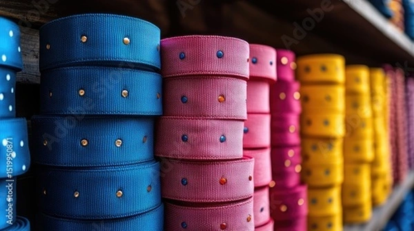 Obraz Stacks of colorful ribbon rolls with decorative studs.