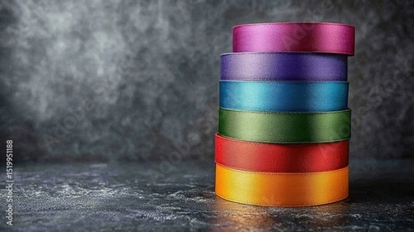Obraz Stack of colorful satin ribbons on a dark surface.