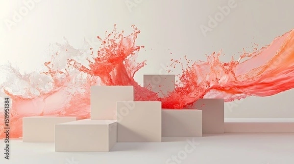 Obraz A series of stacked squares in neutral tones, punctuated by wild, fluid smears of bright coral and pink, disrupting the calm symmetry with energy.