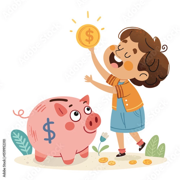 Fototapeta Happy child holding coin next to piggy bank in cartoon savings and finance concept illustration
