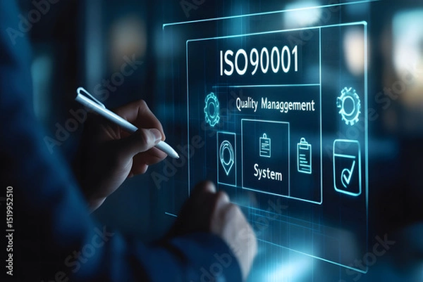Fototapeta A businessman shows ISO quality ensure on holographic presentation
