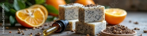 Fototapeta Handcrafted citrus poppy seed soap with essential oil and fresh oranges