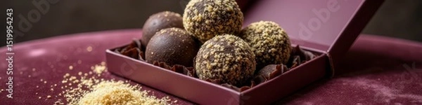 Fototapeta Assorted chocolate truffles in elegant box with sprinkled topping on velvet background