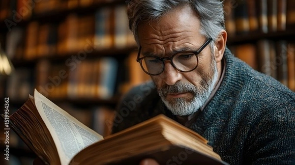 Fototapeta Elderly man deeply engaged in reading a book in a private library