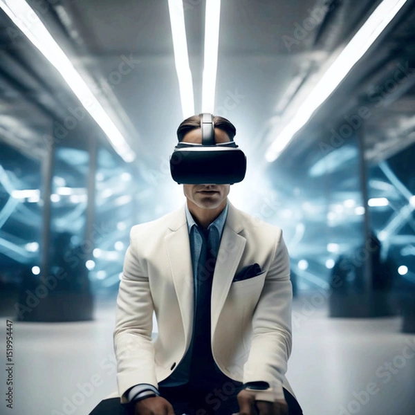 Obraz Modern people using virtual reality headsets in stylish interior or abstract space, with room for text