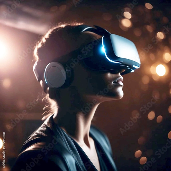 Obraz Modern people using virtual reality headsets in stylish interior or abstract space, with room for text