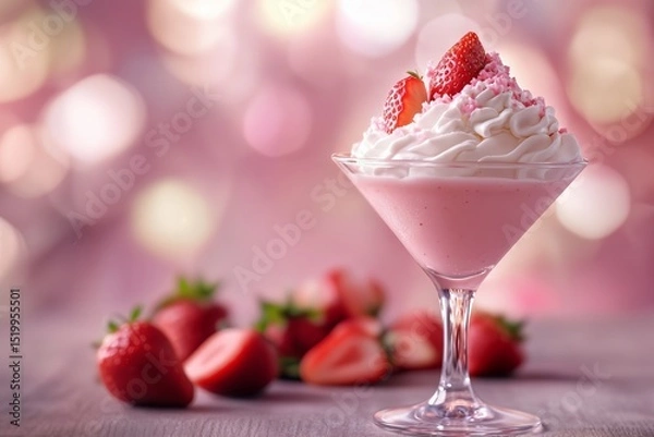 Fototapeta Strawberry milkshake in a martini glass with whipped cream, sprinkles, and fresh strawberries, for dessert recipe.