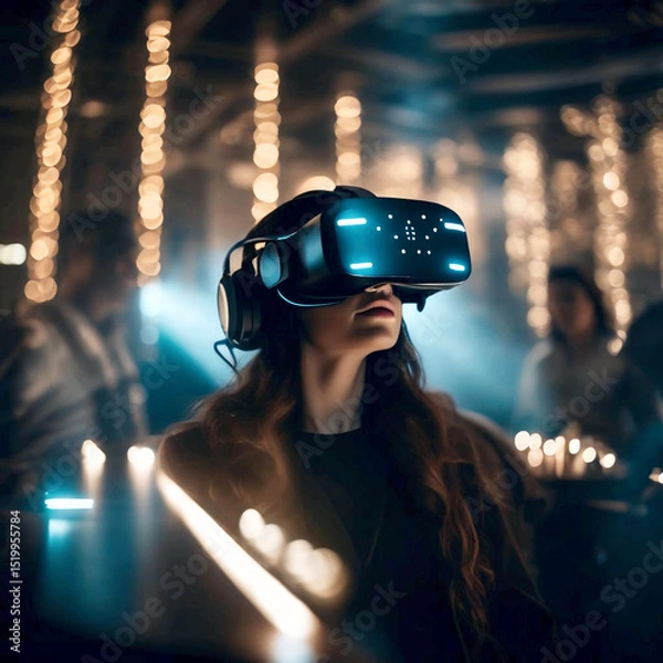 Obraz Modern people using virtual reality headsets in stylish interior or abstract space, with room for text