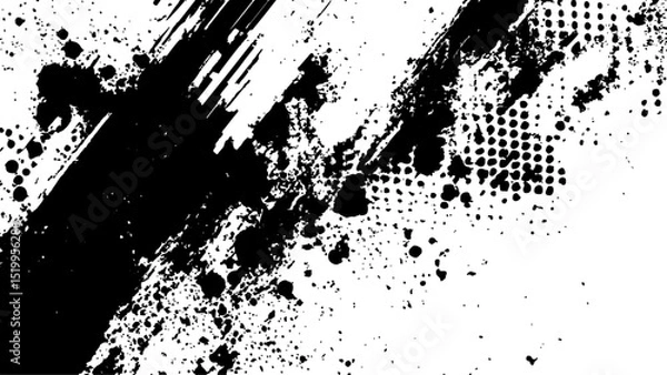 Fototapeta Halftone dots modern grunge texture black grunge brush stroke white background. Black Ink splatter brush stroke on white halftone dots abstract background	