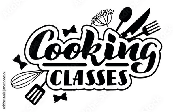 Obraz Cooking classes logo featuring stylized lettering surrounded by kitchen tools like whisk, spatula, fork, knife, spoon, farfalle pasta and dill, promoting culinary education and skill development