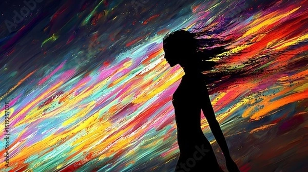 Obraz A silhouette in motion, with colorful streaks of paint smearing outward, suggesting a dynamic and emotional human figure in expressive abstraction.