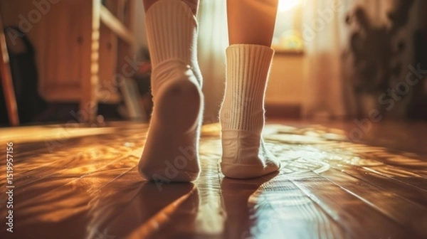 Fototapeta Woman's feet in white socks walking on a wooden floor in a cozy room, warm light streaming from a window. Relaxing home atmosphere.