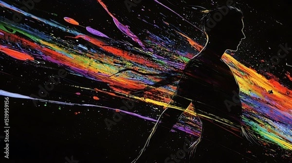 Obraz A silhouette in motion, with colorful streaks of paint smearing outward, suggesting a dynamic and emotional human figure in expressive abstraction.