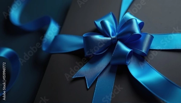 Fototapeta Blue ribbon bow on a black background. Elegant decorative element for celebration, anniversary, or holiday banner or greeting card.