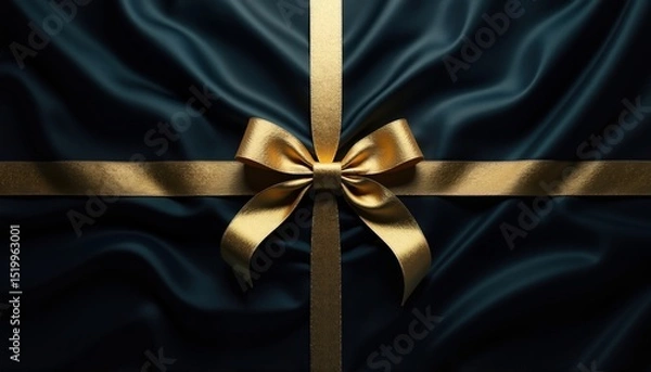 Fototapeta Golden ribbon bow on a deep blue textured background. Elegant decorative element for celebration, anniversary, or holiday banner or greeting card.