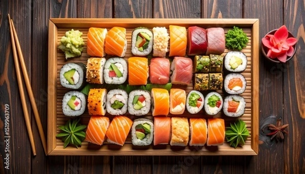 Fototapeta Assorted Sushi Platter with Chopsticks
