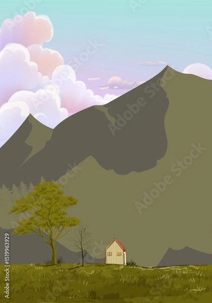 Fototapeta Landscape scene with mountain peaks, hill, lake vector illustration background.