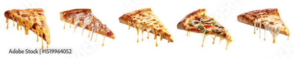 Fototapeta Melting dripping cheese pizza slices with assorted toppings isolated on transparent background