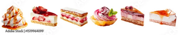 Fototapeta Watercolor assorted dessert cakes and tarts with creamy toppings isolated on transparent background