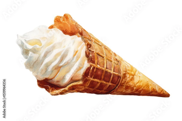 Fototapeta Watercolor of vanilla soft serve ice cream in waffle cone isolated on transparent background