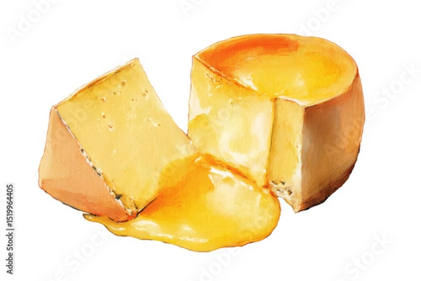 Fototapeta Watercolor melting cheese wheel with soft creamy isolated on transparent background