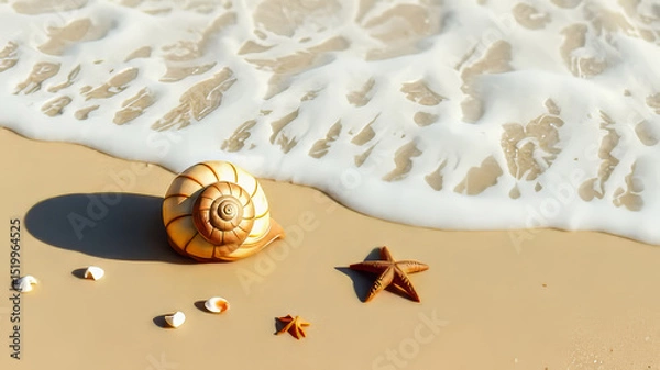 Obraz Realistic tropical beach set with seashells, starfish, sea foam, and golden sand under natural light. Ideal for summer, wellness, travel, and relaxation themes.
