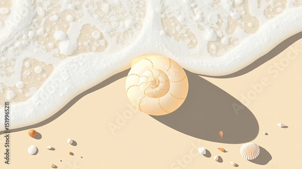 Obraz Realistic tropical beach set with seashells, starfish, sea foam, and golden sand under natural light. Ideal for summer, wellness, travel, and relaxation themes.