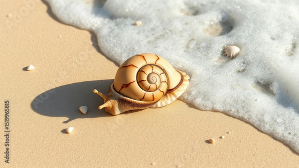 Obraz Realistic tropical beach set with seashells, starfish, sea foam, and golden sand under natural light. Ideal for summer, wellness, travel, and relaxation themes.