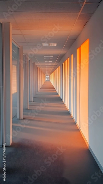 Obraz Long Office Corridor Sunset Light Orange Walls Modern Architecture Interior