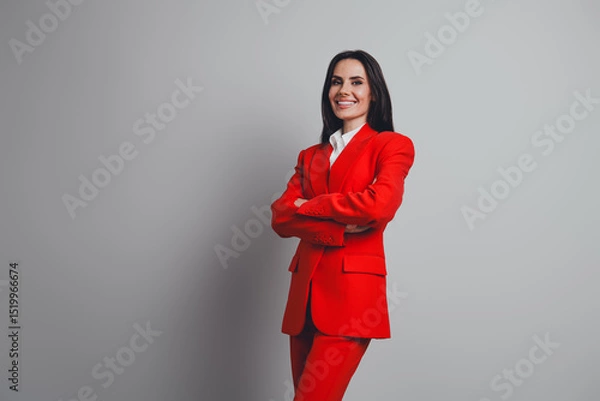 Fototapeta Confident businesswoman in red suit posing with arms crossed against a neutral background, exuding professionalism