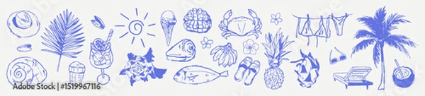 Obraz Tropical crayon scribble sketched set. Summer marine elements in grunge chalk rough sketch style. Hand drawn vector illustration of sea nautical vacation. Watercolor, charcoal texture for design.