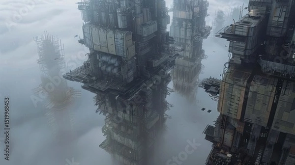 Obraz Reflective Metropolis, Futuristic Cityscape in Mist
